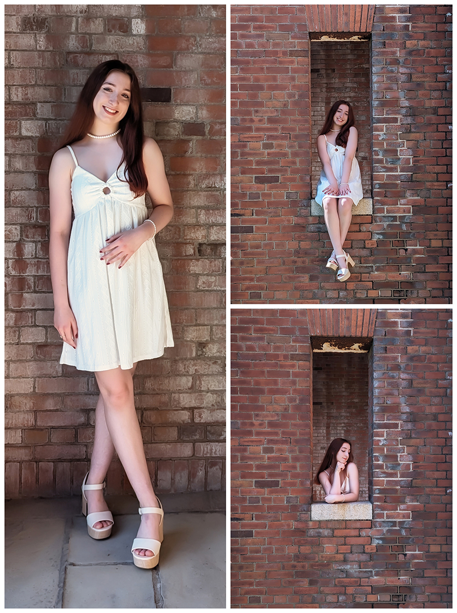 A collage of pictures of a teenaged girl posing by a brick wall wearing a white dress.