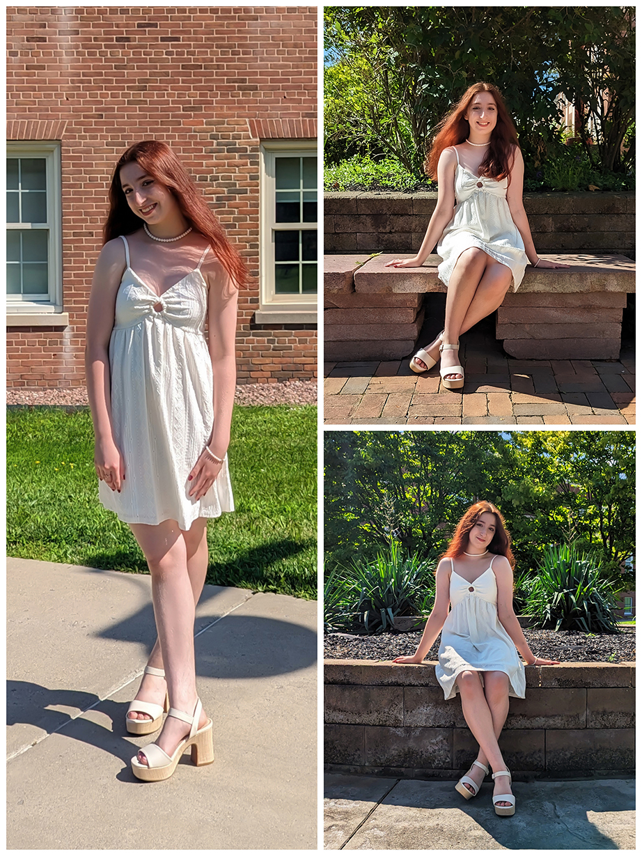 A collage of pictures of a teenaged girl posing outdoors in the sunshine wearing a white dress.